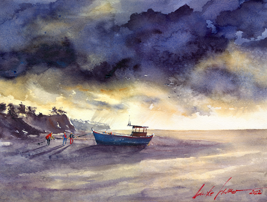 Aquarell Usedom Fischkutter "Seeschwalbe" am Strand mit dramatischem Herbsthimmel 