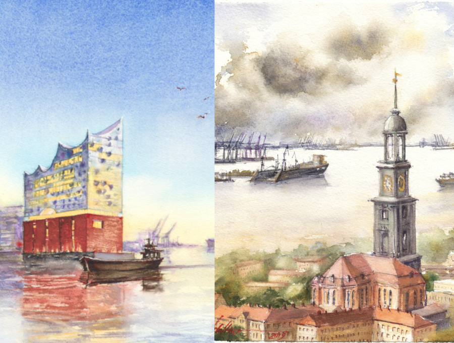 Hamburg Elbphilharmonie links und alter Elbtunnel rechts