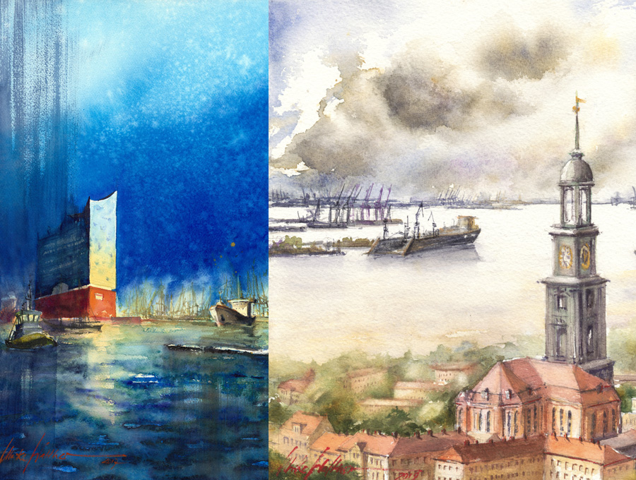 Aquarelle: Elbphilharmonie, Hafen, Sankt Michaelis Kirche "Michel" mit Hafen im Hintergrund