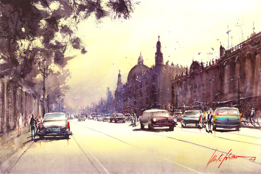 Havanna Straßenzug eines breiten Boulevards, das wundervoll die Raumtiefe illustriert