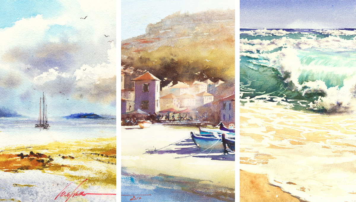Aufmacherbild Aquarell Ausschnitte aus drei Werken: Segelboote bei Ebbe, Madeira Camera dos Lobos und Brandung einer Sommerwelle 